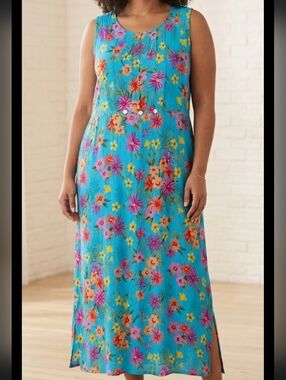 Vintage Sleeveless Floral Maxi Dress 3X Plus Size Turquoise Flowy side Slits EUC